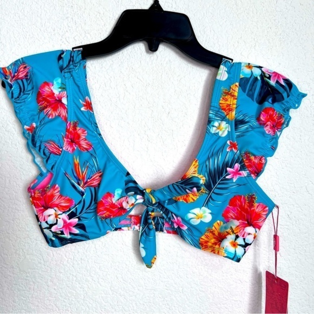 Heat Blue Floral Tropical Waves Tie Front Crop Swim Top New Medium
